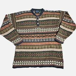 VTG ETCHINGS Fair Isle Knit Henley Sweater Mens L Grandpacore Aztec